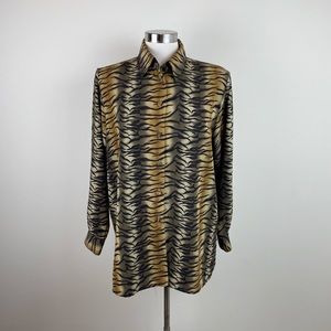 Vintage Liz Baker Essentials Brown Black Animal Print Button Down Blouse Top